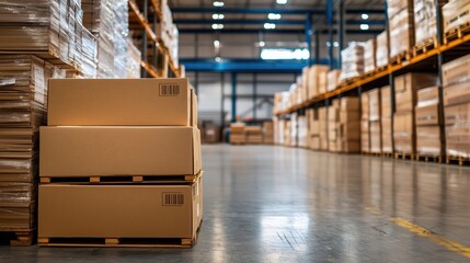Poster - Modern Warehouse with Stacked Cardboard Boxes and Organized Shelves in a Global Trade and Shipping Industry Setting