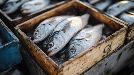 Poster - Freshly caught fish displayed in wooden crates at a bustling seafood market early in the morning. Generative AI
