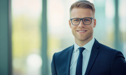 Canvas Print - confident professional man in suit and glasses smiles warmly in office setting, exuding positivity and approachability