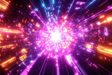 Poster - Neon sphere explodes, cosmic rays, dark space, digital art, VFX