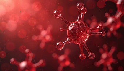 Poster - Abstract red molecule structure for science, medical research. Molecular, deoxyribonucleic acid chain connection, medicine, tech concept. Microscopic chemical formula design. Futuristic element.