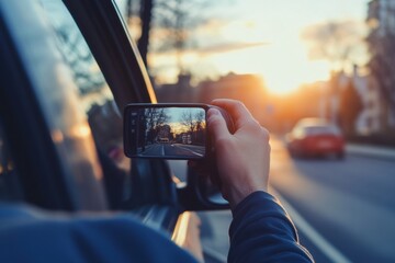 Poster - Capturing a sunset while driving along the scenic road during golden hour. Generative AI