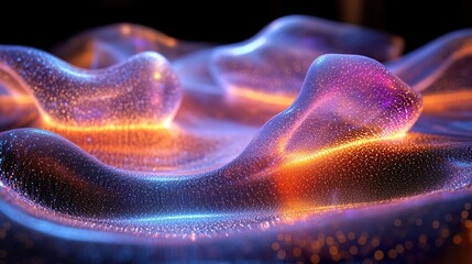 Poster - Abstract luminous form resembling waves with glowing particles on surface