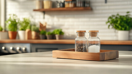 Poster - kitchen scene featuring wooden tray with salt and pepper shakers, surrounded by greenery, evokes warm and inviting atmosphere