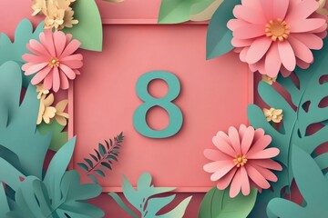 Poster - Celebrate International Womens Day on March 8 with vibrant paper art featuring floral and leaf designs. Generative AI