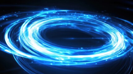 Poster - Abstract swirling blue light trails creating a glowing ring on a black background.