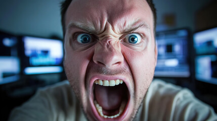 Stressed developer working late at computer setup, surrounded by multiple monitors and coffee cups, showcasing the challenges of modern tech work and mental pressure in a fast-paced digital environmen