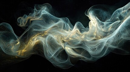 Poster - Abstract swirling gold and blue smoke or energy waves on black background.