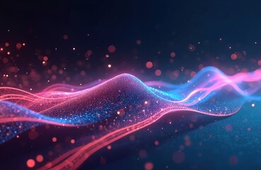 Poster - Abstract futuristic background with pink, blue glowing neon wave lines, bokeh lights. Data transfer concept wallpaper. Fantastic design, digital motion, vibrant energy, flowing streams, illumination,