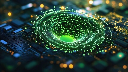 Poster - Abstract swirling green energy vortex on a circuit board.