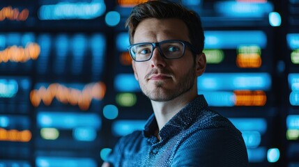 Poster - A focused young man with glasses stands confidently in front of a vibrant digital backdrop, showcasing data analysis and technology.