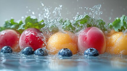 Sticker - Juicy Peaches and Blueberries with Water Splashing Macro Shot Featuring Fresh Fruits in Motion Against a Bright Background