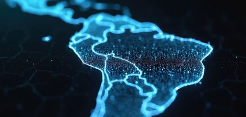 Aufkleber - 3D render of South America map, showing the continent outline with glowing dots and blurred blue lines on dark background. Digital tech visualisation of geography, communication, data transfer.