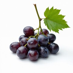 Wall Mural - Bunch of fresh ripe dark grapes with green leaf isolated on white background. Healthy diet, vegetarian food. Grapevine plant rich with vitamins, antioxidant food, ingredients for wine production.