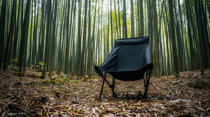 Poster - Black folding chair sits amidst a dense bamboo forest.