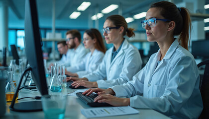 Poster - Team of scientists work in laboratory. Doctors in labcoats sit at computers, conduct research, develop vaccine. Medical research, pharmaceutical industry, science concept. Group of people work at