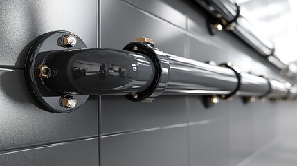 Poster - Black industrial pipes mounted on a dark grey tiled wall.