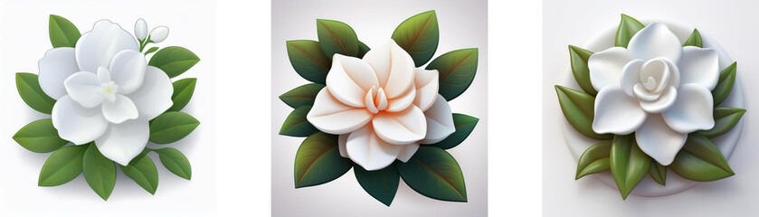 Wall Mural - three elegant white flowers with lush green leaves, presented in a clean, simple style. each blossom