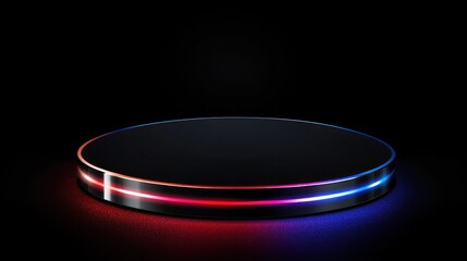 Poster - Black round podium with red and blue neon lights on dark background.