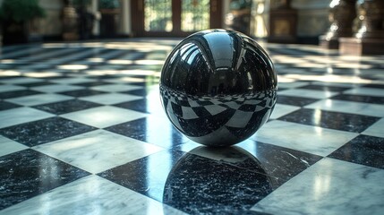 Aufkleber - Black sphere reflecting interior design on a checkered marble floor.