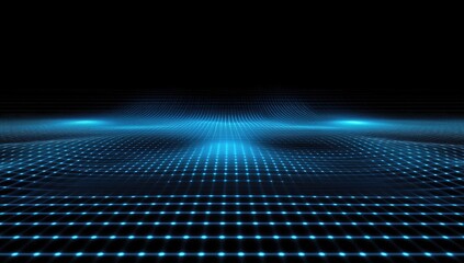 Poster - abstract blue digital grid landscape; glowing, dark background; tech presentation