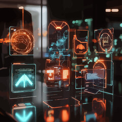 Poster - Digital Futuristic Interface with HUD Elements on Dark Reflective Table