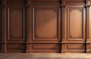 Poster - Classic brown wooden wall paneling with column pilasters decor. Elegant interior wood design with ornaments. Herringbone parquet floor. Luxury woodwork background. Blank panels for presentation