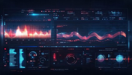 Fototapete - Futuristic data dashboard display analyzing digital signals in dark space, for tech presentations