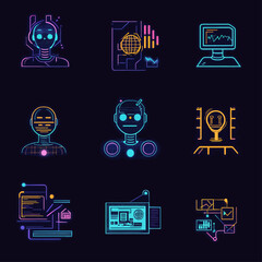 Poster - Neon AI Robots with Data Visualization for Technology and Future