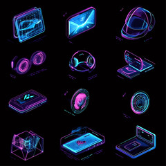 Poster - Neon Isometric Tech Gadgets: Future UI, Virtual Reality, Holographic Display