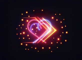 Aufkleber - Vibrant neon heart and arrow design with a double exposure effect, shines brightly against a dark backdrop, surrounded by glowing orange dots.