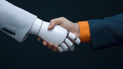 Poster - A human hand shakes hands with a robotic hand, symbolizing collaboration between technology and humanity.