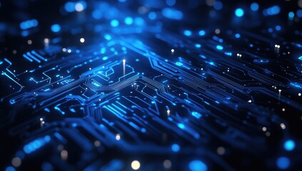 Poster - glowing circuit board, data flow, technology background