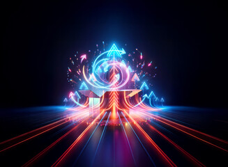 Poster - Vibrant double exposure art featuring glowing neon triangles layered with dynamic light streaks against a dark backdrop, creating an abstract and futuristic composition.