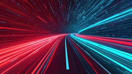 Poster - A vibrant depiction of light trails in red and blue, suggesting speed and motion through a digital or futuristic landscape.