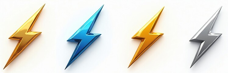 Poster - 3D render of lightning bolts clip art collection. Icons isolated on white background. Golden, yellow, silver, blue logotypes, symbols. Graphic design elements for modern business style. Assorted