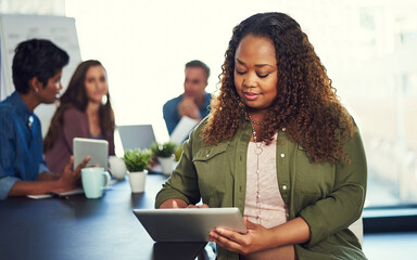 Poster - Tablet, reading and meeting with business woman in office for storyboard artist, production and research. Planning, frame designer and director feedback with person in startup agency for project