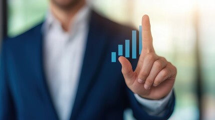 Poster - A businessman interacts with a digital graph, symbolizing growth and data analysis in a modern office setting.