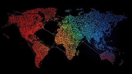 Poster - A colorful, abstract representation of a world map, showcasing vibrant connections across continents against a black background.