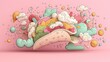 © BOJOShop - Gooey Cartoon Nachos  Fun Food Illustration   Pink Background  3D Style  Delicious Snack