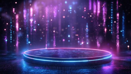 Poster - Futuristic stage, glowing neon, digital rain, product display