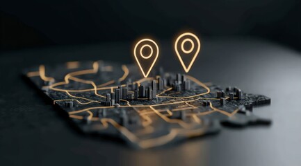 Fototapete - Glowing Location Pins on City Map  Urban Navigation  GPS  Technology