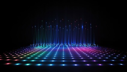 Poster - colorful digital light beams on grid floor, dark background, futuristic tech presentation