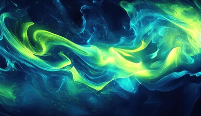Poster - Abstract swirling neon green blue smoke, dark background, design element
