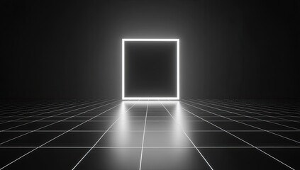 Poster - glowing portal, dark grid floor, neon light, digital backdrop, future concept