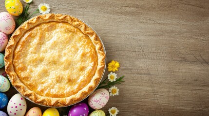 Wall Mural - Easter Foods Concept, Golden Easter Pie with Flaky Crust Surrounded by Colorful Eggs and Fresh Flowers on Wooden Table