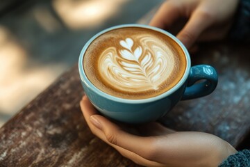 Leinwandbilder - Warm coffee cup with intricate latte art held by hands in a cozy setting during daylight. Generative AI
