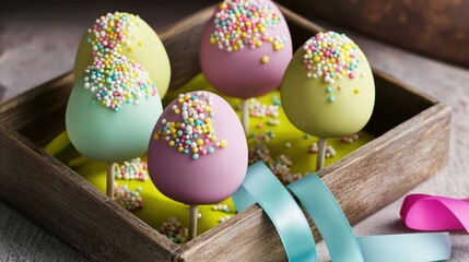 Wall Mural - Easter Foods Concept, Decorative Easter Egg Cake Pops in a Wooden Basket with Colorful Sprinkles and Ribbons