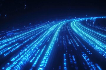 Fototapete - Digital data stream flowing, curved path, dark background, tech concept