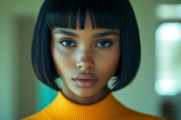 Pretty calm mixed-race girl - for ads, advertisement and web marketing use. Short haircut - straight hair. Commercial digital ads idea. Black beauty style photo. Colored girl shoot.